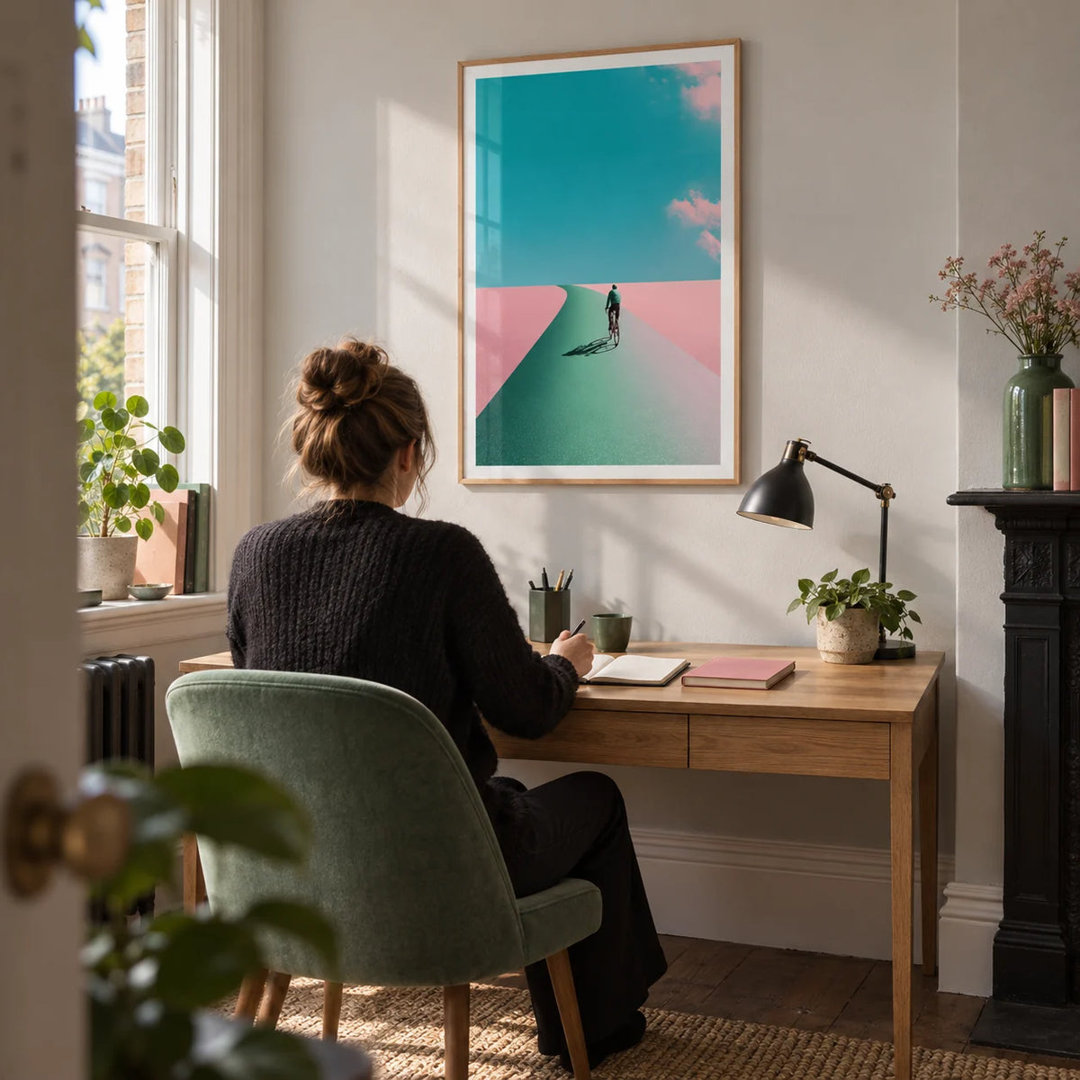 Surreal Cycling Art Print, framed on the wall of a compact home study in a Victorian terrace with a pale grey wall and a muted green desk chair