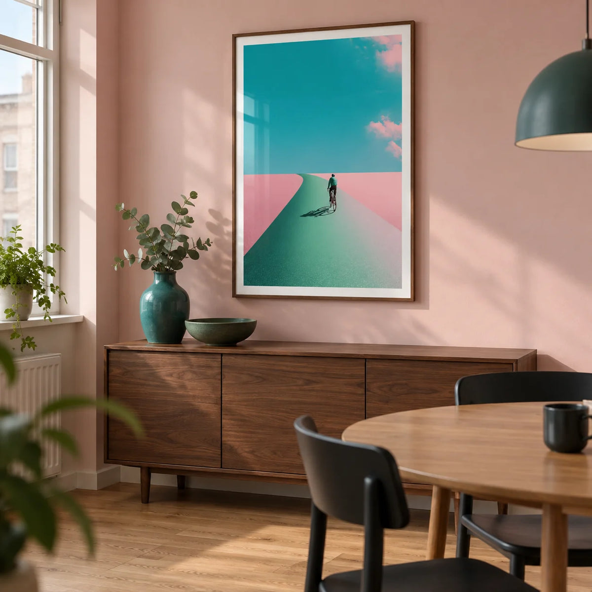 Surreal Cycling Art Print, framed on the wall of a compact modern dining room in a UK flat with a pale pink painted wall and an oak floor
