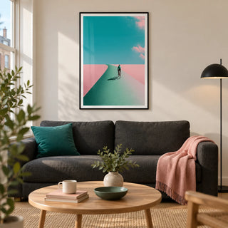 Surreal Cycling Art Print, framed on the wall of a modern living room in a UK city flat with warm white walls and an oak floor