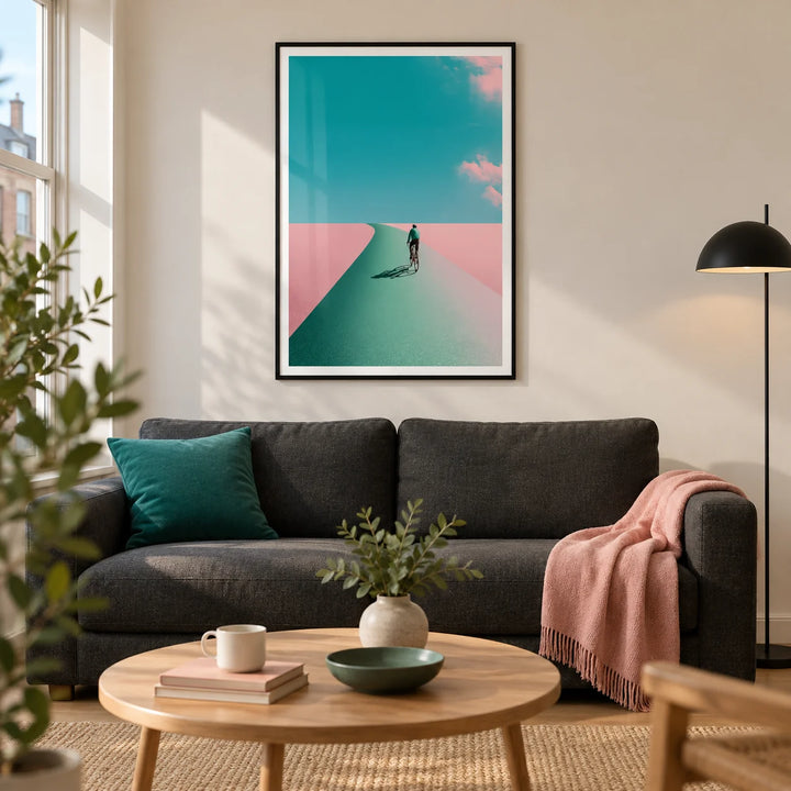 Surreal Cycling Art Print, framed on the wall of a modern living room in a UK city flat with warm white walls and an oak floor