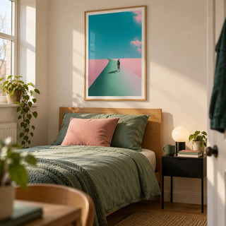Surreal Cycling Art Print, framed on the wall of a modern single bedroom for a young adult (18-25) in a UK shared house