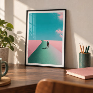 Surreal Cycling Art Print, a small A4 framed print leaning on a walnut desk