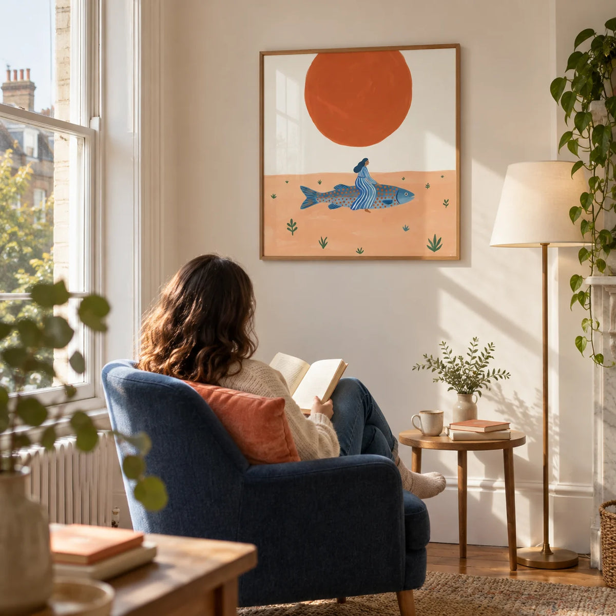Surreal Fish Art Print, framed on the wall of a bright reading corner beside a tall sash window in a UK Victorian flat with warm white walls in a living room