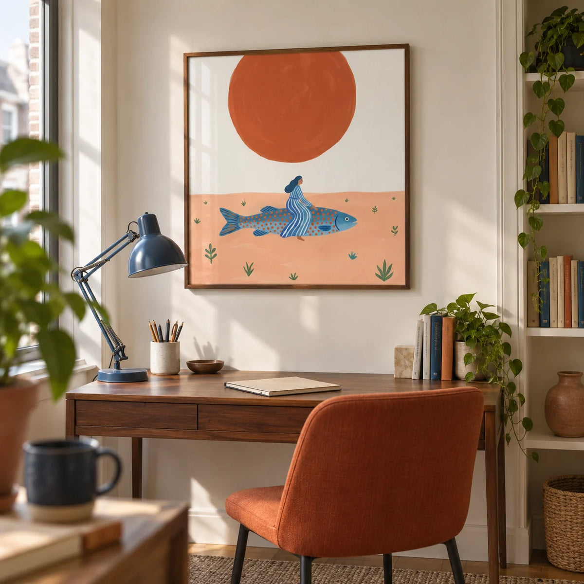 Surreal Fish Art Print, framed on the wall of a compact creative home study in a UK city flat with an off-white wall and a built-in book alcove