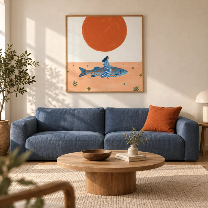 Surreal Fish Art Print, framed on the wall of a contemporary living room in a creative UK flat with warm off-white plaster walls and oak floorboards