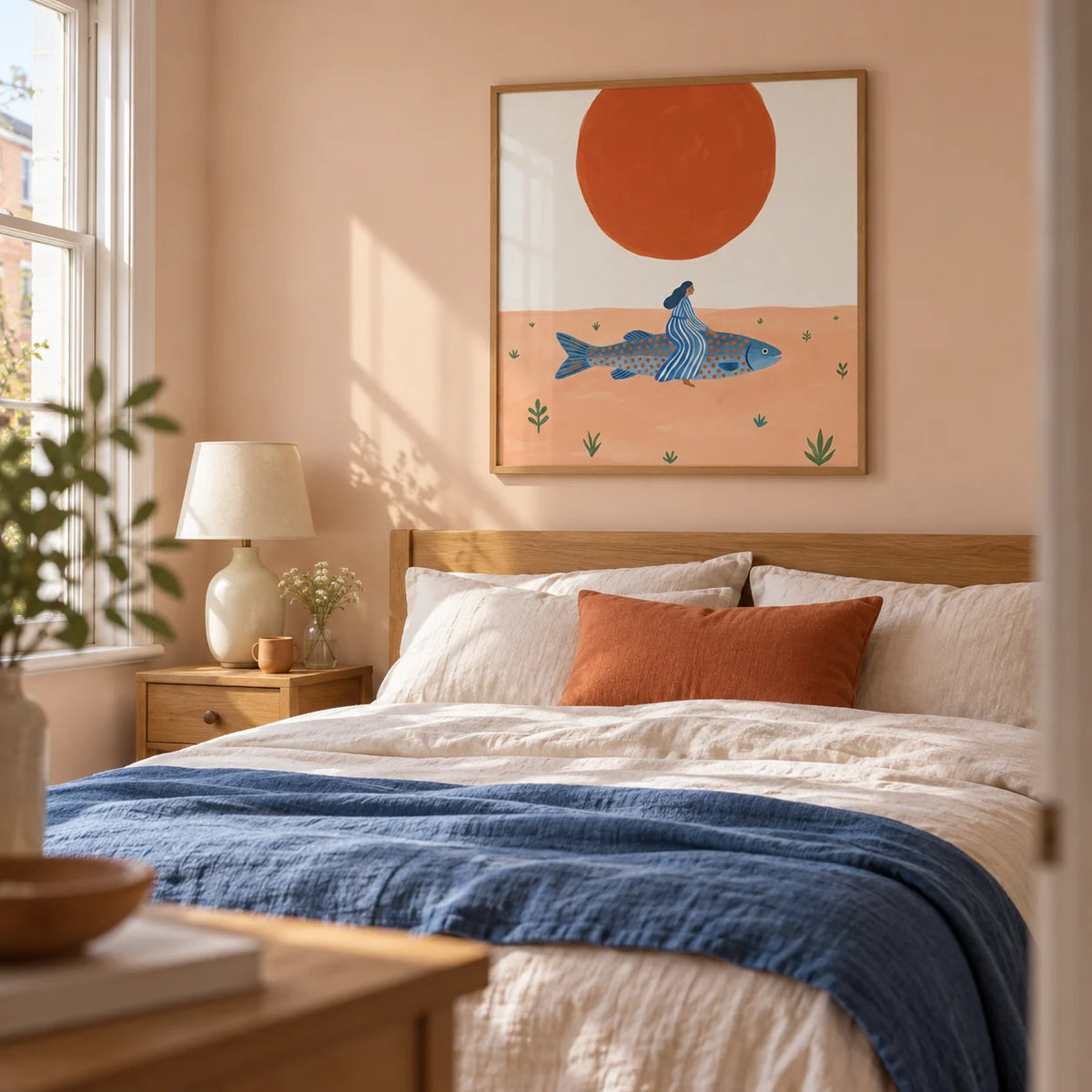 Surreal Fish Art Print, framed on the wall of a restful contemporary bedroom in a UK terraced home with pale peach walls