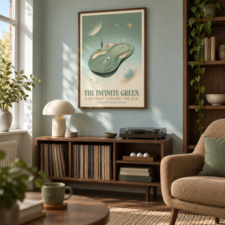 Surreal Golf Art, framed on the wall of a compact golf-themed snug in a UK semi-detached house with a muted pale aqua wall and walnut shelving in a living room