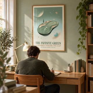 Surreal Golf Art, framed on the wall of a golf enthusiast's quiet home study in a UK terraced house with a pale sage wall