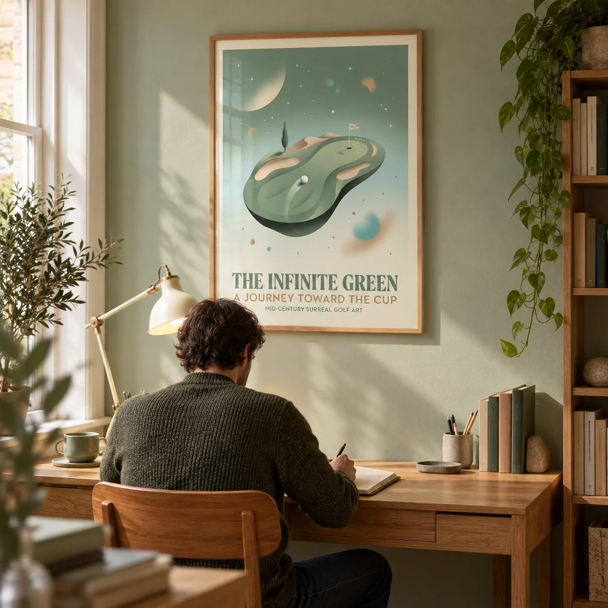 Surreal Golf Art, framed on the wall of a golf enthusiast's quiet home study in a UK terraced house with a pale sage wall