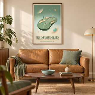 Surreal Golf Art, framed on the wall of a mid-century living room in a UK flat with a warm cream wall and oak floor