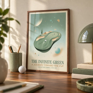 Surreal Golf Art, a small A4 framed print leaning on a walnut desk