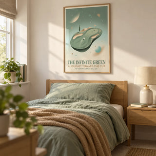 Surreal Golf Art, framed on the wall of a young adult golfer's single bedroom (18-25) in a UK family home with a warm white wall