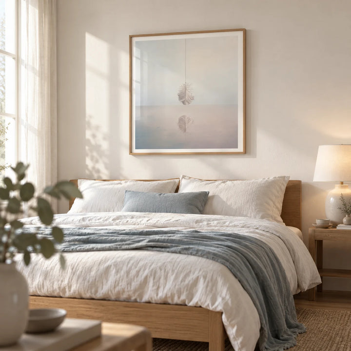 Surrealist Art for Sale, framed on the wall of a serene bedroom