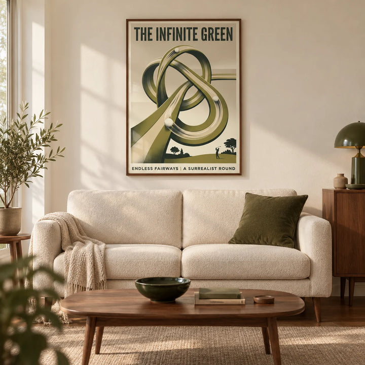 Surrealist Golf Art Print, framed on the wall of a retro modern living room in a UK flat with a warm white wall and walnut furniture