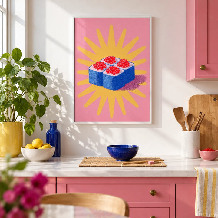Sushi Poster, framed on the wall of a bright modern kitchen with white walls and pink painted cabinets