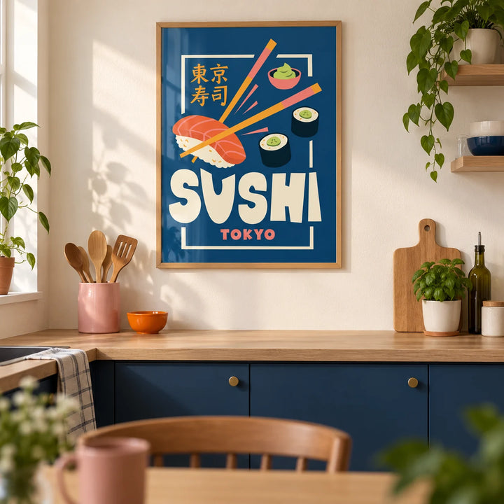 Sushi Wall Art, framed on the wall of a modern kitchen in a UK first flat (22-28) with cream walls
