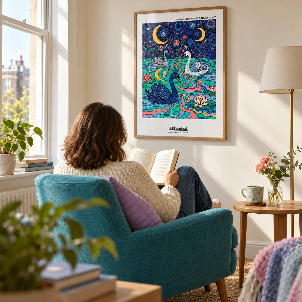 Swan Art Print, framed on the wall of a bright reading corner beside a tall window in a UK flat with a warm white wall in a living room