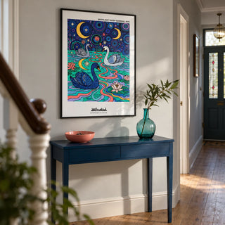 Swan Art Print, framed on the wall of a characterful modern hallway in a UK terraced house with pale grey plaster walls and an oak floor