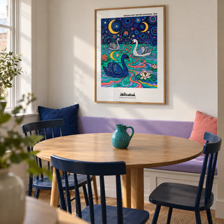 Swan Art Print, framed on the wall of a compact contemporary dining room in a UK home with a warm white wall and a built-in bench