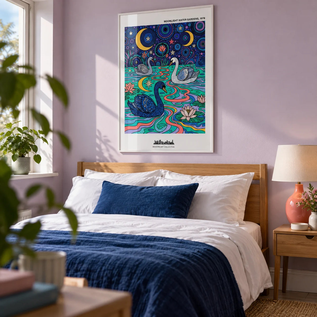 Swan Art Print, framed on the wall of a contemporary bedroom in a renovated UK terrace with a pale lilac wall