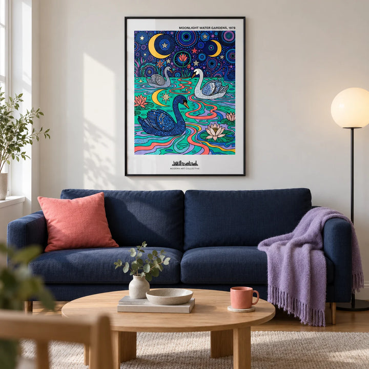 Swan Art Print, framed on the wall of a modern living room in a UK city flat with a soft white wall and oak floor