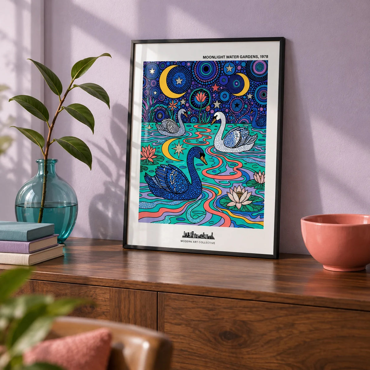 Swan Art Print, a small A4 framed print leaning on a walnut sideboard in a living room