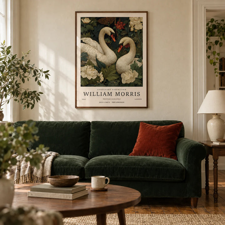Swan Wall Art, framed on the wall of a characterful living room in a Victorian terrace with a warm cream plaster wall and restored wooden floorboards