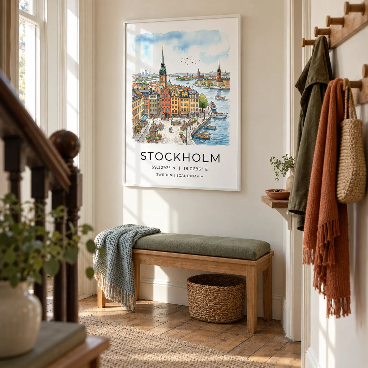 Sweden Landscape Poster, framed on the wall of a bright narrow hallway in a Victorian UK terrace with cream walls and restored timber flooring