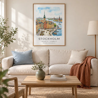 Sweden Landscape Poster, framed on the wall of a calm Scandinavian-inspired living room in a UK terrace with warm white walls and pale oak floorboards