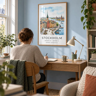 Sweden Landscape Poster, framed on the wall of a peaceful home study in a UK flat with a pale blue wall and an oak writing desk