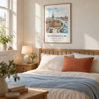 Sweden Landscape Poster, framed on the wall of a restful bedroom in a UK townhouse with warm white walls and simple oak furniture