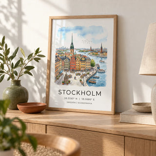 Sweden Landscape Poster, a small A4 framed print leaning on a pale oak sideboard in a living room