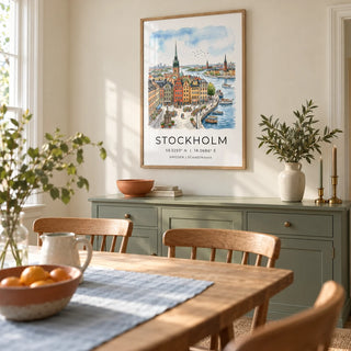 Sweden Landscape Poster, framed on the wall of a welcoming dining room in a renovated UK semi with pale cream walls and a muted green painted sideboard