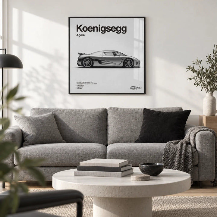 Swedish Hypercar Poster, framed on the wall of a Scandinavian-modern living room with a white wall and a pale oak floor