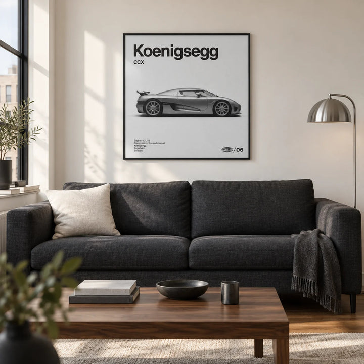 Swedish Supercar Art Print, framed on the wall of a modern living room in a UK city flat with a warm white wall