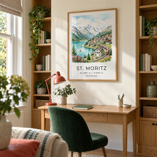 Swiss Landscape Art Print, framed on the wall of a bright home study in a British semi-detached house with pale cream walls and built-in oak shelving