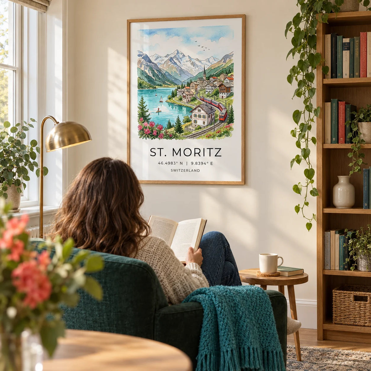 Swiss Landscape Art Print, framed on the wall of a peaceful reading corner in a British flat with a pale cream wall and an oak bookcase in a living room