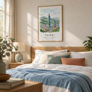 Taipei City Art Print, framed on the wall of a calm bedroom