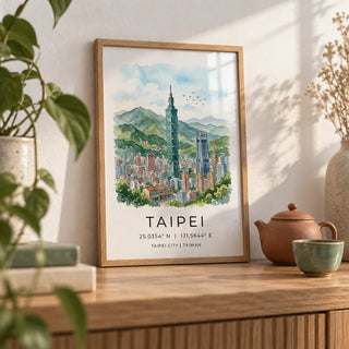 Taipei City Art Print, a small A4 framed print leaning on an oak shelf in a living room
