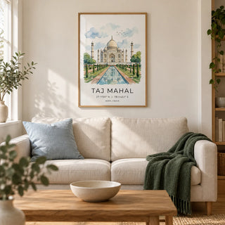 Taj Mahal Art Print, framed on the wall of a calm living room in a UK terraced home with warm white plaster walls and an oak floor