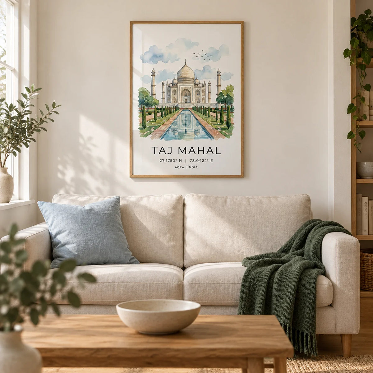 Taj Mahal Art Print, framed on the wall of a calm living room in a UK terraced home with warm white plaster walls and an oak floor