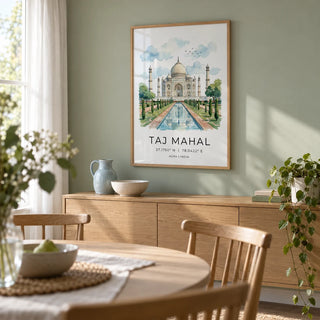 Taj Mahal Art Print, framed on the wall of a light dining room in a UK family home with muted sage green walls and simple white curtains