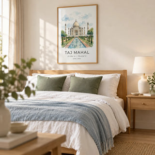 Taj Mahal Art Print, framed on the wall of a peaceful adult bedroom with warm white walls and a pale timber floor