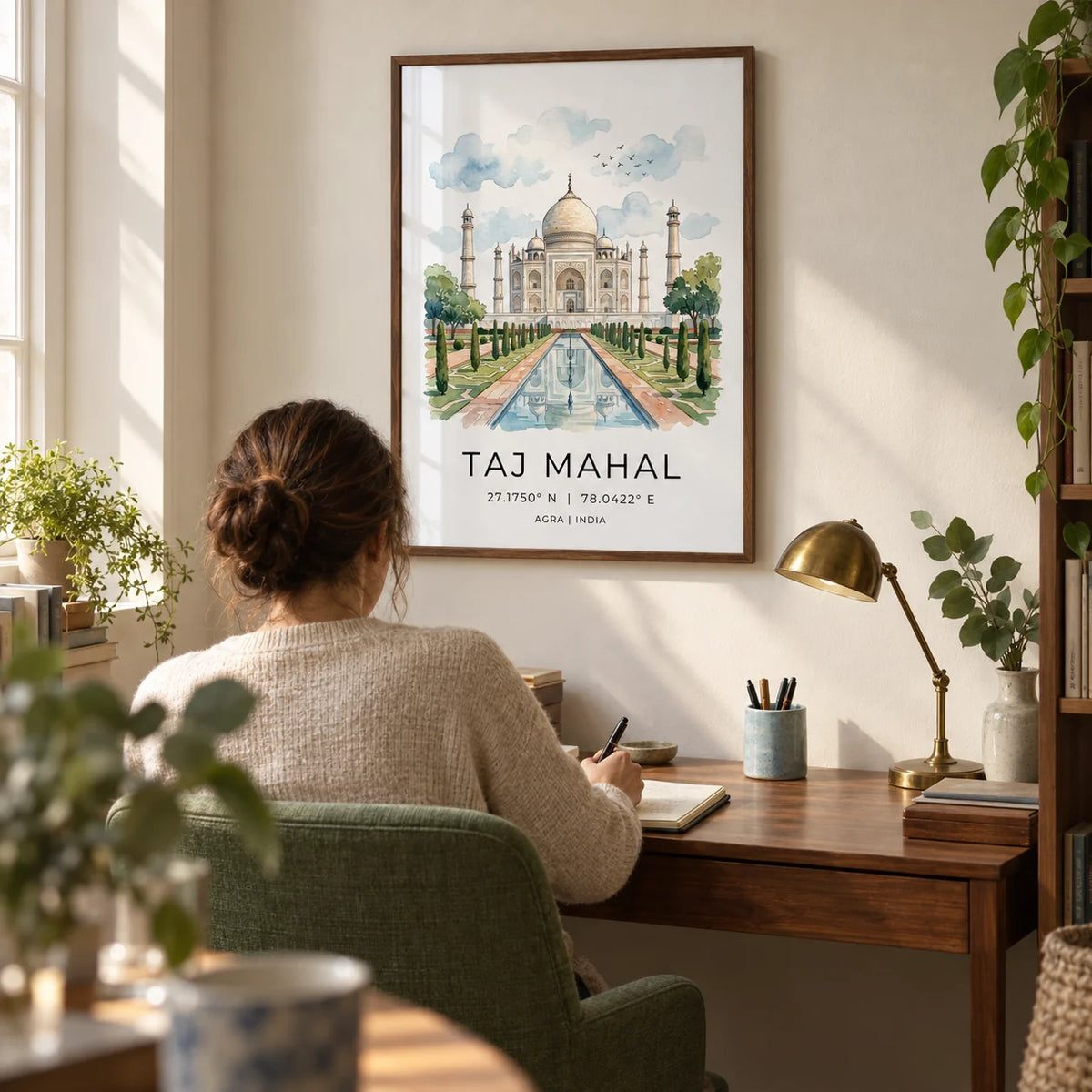 Taj Mahal Art Print, framed on the wall of a quiet home study in a UK flat with an ivory wall and a plain green upholstered chair
