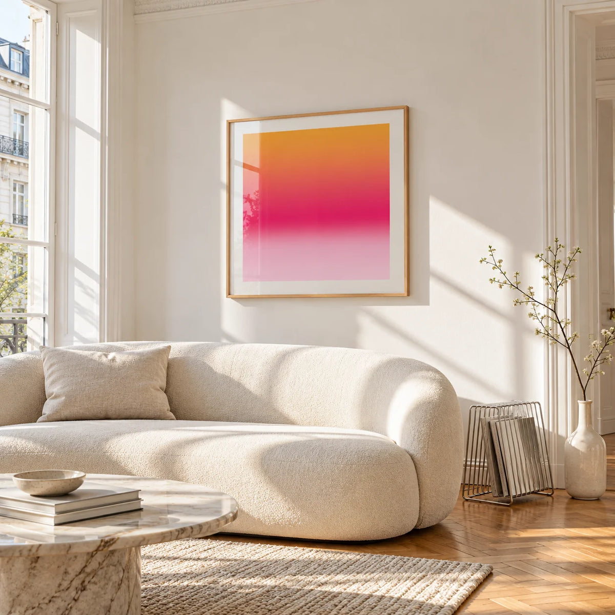 Tangerine Poster, framed on the wall of a bright living room corner