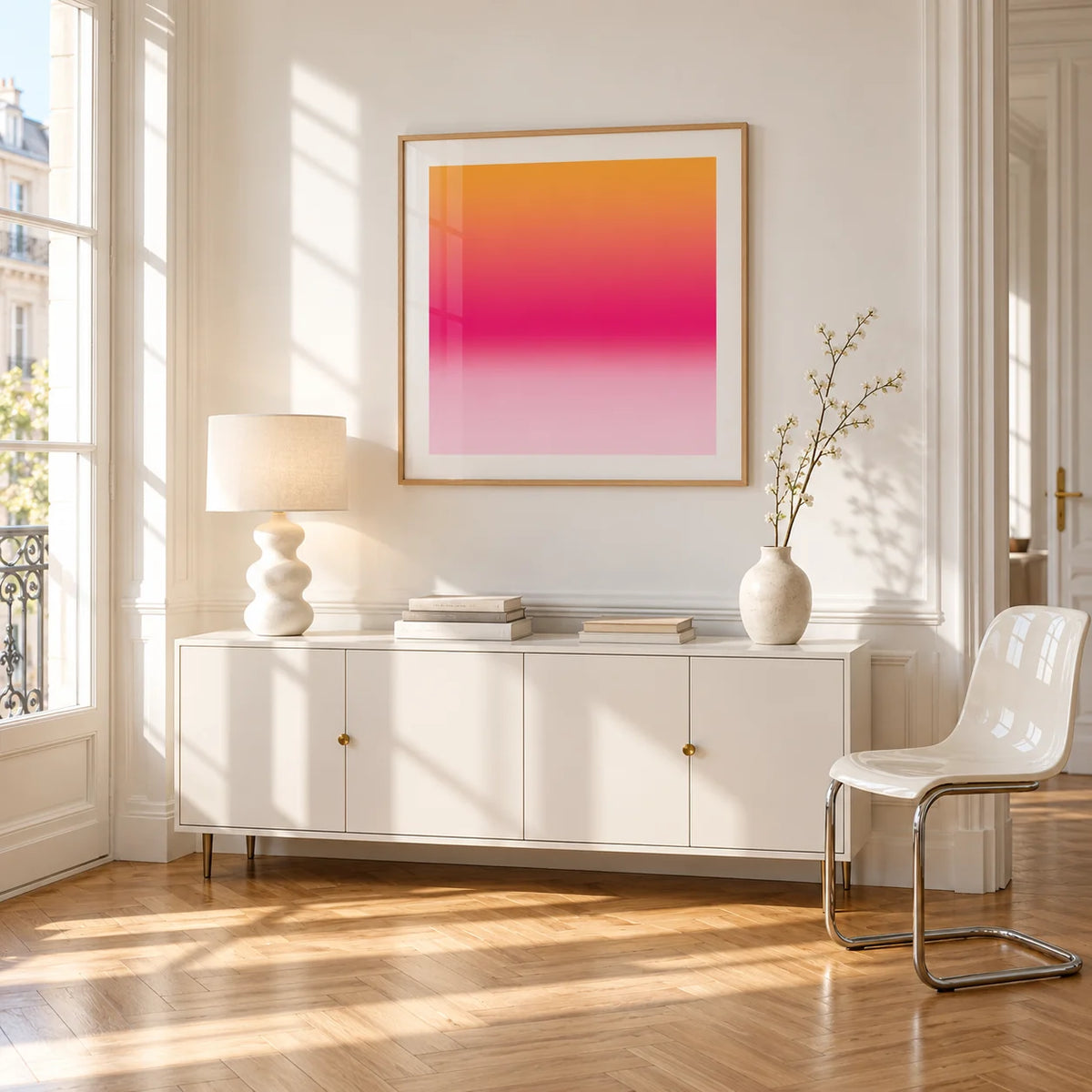 Tangerine Poster, framed on the wall of a bright Paris style apartment in a living room