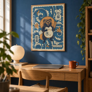 Tanuki Art, framed on the wall of a cosy home office with a cobalt blue painted wall