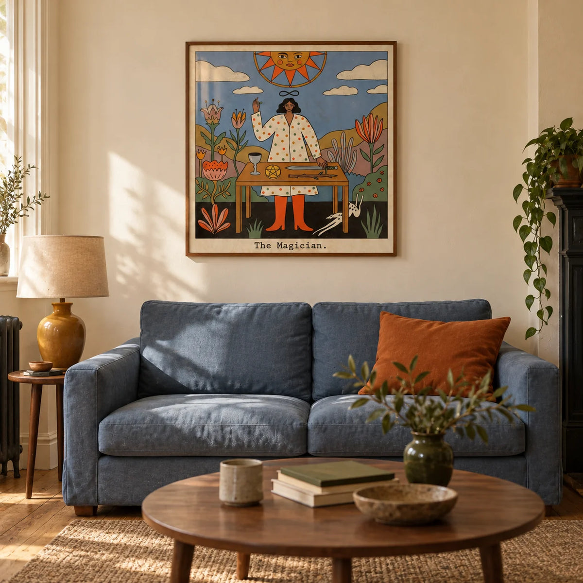 Tarot Magician Wall Art, framed on the wall of a characterful living room in a UK Victorian terrace with warm cream plaster walls and stripped wooden floorboards