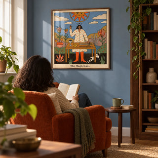 Tarot Magician Wall Art, framed on the wall of a quiet reading corner in a UK flat with a muted blue wall and a walnut bookcase to one side in a living room