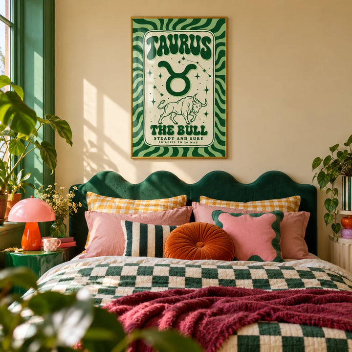 Taurus Print, framed on the wall of a colourful dopamine bedroom